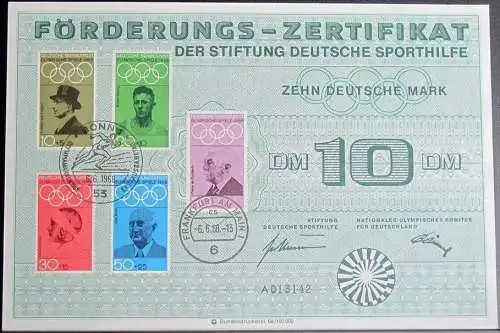 DEUTSCHLAND 1968 Mi-Nr. 561/65 Förderungs-Zertifikat der Stiftung Deutsche Sporthilfe