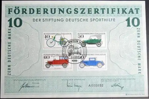 BERLIN 1982 Mi-Nr. 660/63 Förderungs-Zertifikat der Stiftung Deutsche Sporthilfe