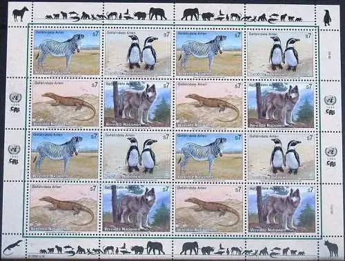UNO WIEN 1993 Mi-Nr. 143/46 Kleinbogen gefährdete Arten ** MNH