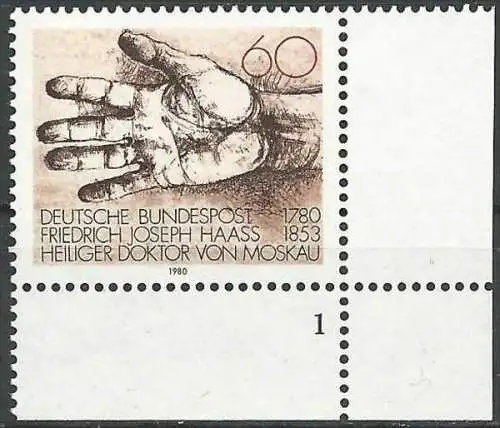 DEUTSCHLAND 1980 Mi-Nr. 1056 Eckrand mit Formnummer 1 ** MNH