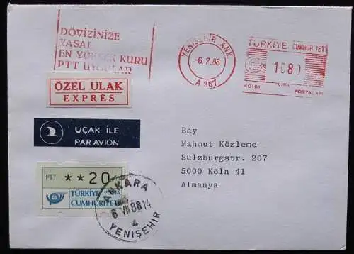 TÜRKEI 1988 Mi-Nr. ATM 1.1 Automatenmarke auf Brief mit Frühverwendung