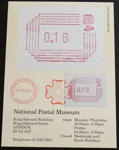 GROSSBRITANNIEN 1984 Mi-Nr. ATM 1 auf MK/MC mit Stempel National Postal Museum