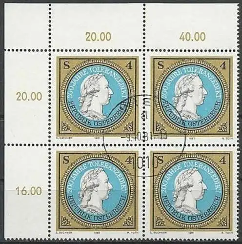ÖSTERREICH 1981 Mi-Nr. 1685 Eckrand-Viererblock o used aus Abo
