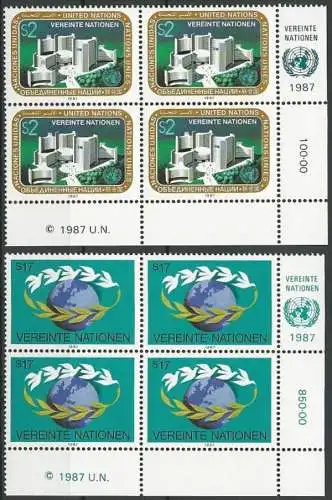 UNO WIEN 1987 Mi-Nr. 73/74 Eckrand-Viererblocks ** MNH
