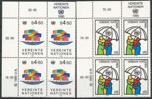 UNO WIEN 1985 Mi-Nr. 49/50 Eckrand-Viererblocks ** MNH