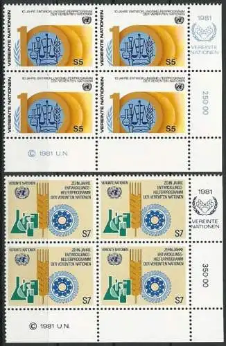 UNO WIEN 1981 Mi-Nr. 21/22 Eckrand-Viererblocks ** MNH