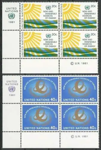 UNO NEW YORK 1981 Mi-Nr. 371/72 Eckrand-Viererblocks ** MNH