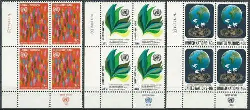 UNO NEW YORK 1982 Mi-Nr. 391/93 Eckrand-Viererblocks ** MNH