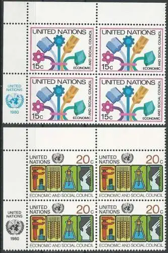 UNO NEW YORK 1980 Mi-Nr. 364/65 Eckrand-Viererblocks ** MNH