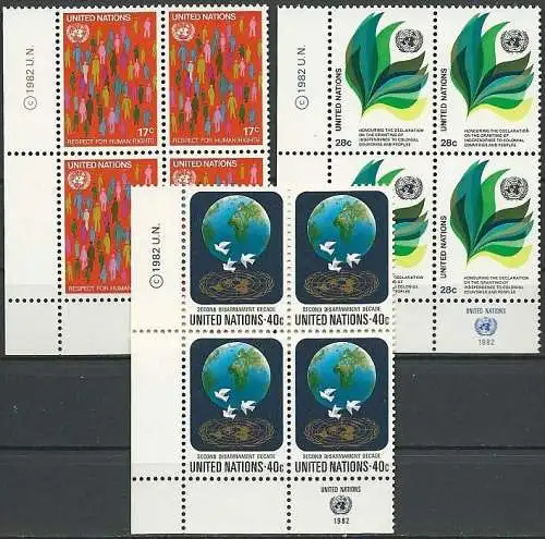 UNO NEW YORK 1982 Mi-Nr. 391/93 Eckrand-Viererblocks ** MNH