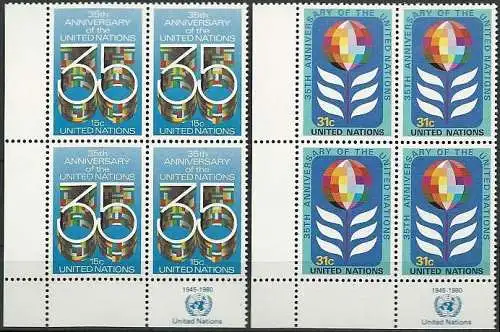 UNO NEW YORK 1980 Mi-Nr. 346/47 Eckrand-Viererblocks ** MNH