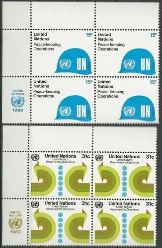 UNO NEW YORK 1980 Mi-Nr. 344/45 Eckrand-Viererblocks ** MNH