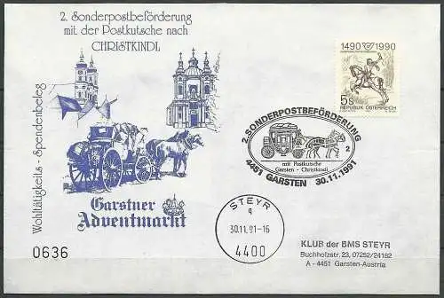 2. Sonderpostbeförderung mit der Postkutsche nach Christkindl 1991 - Faltbrief - Garstner Adventmarkt