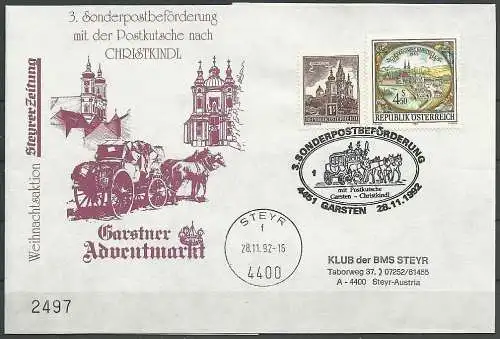3. Sonderpostbeförderung mit der Postkutsche nach Christkindl 1992 - Faltbrief - Garstner Adventmarkt