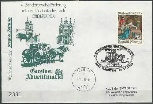4. Sonderpostbeförderung mit der Postkutsche nach Christkindl 1993 - Faltbrief - Garstner Adventmarkt