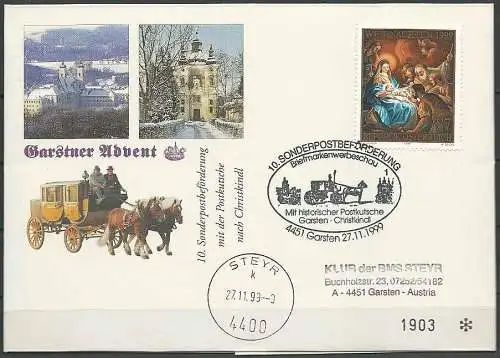 10. Sonderpostbeförderung mit der Postkutsche nach Christkindl 1999 - Faltbrief - Garstner Adventmarkt