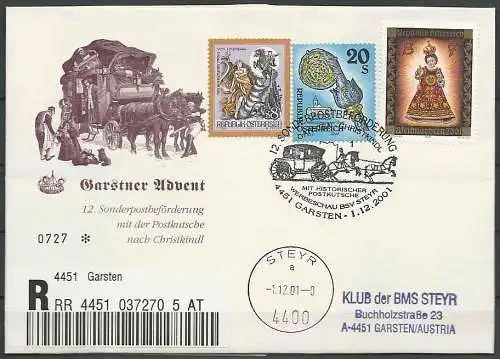 12. Sonderpostbeförderung mit der Postkutsche nach Christkindl 2001 - Faltbrief - Garstner Adventmarkt