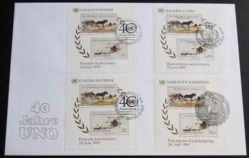 UNO NEW YORK - WIEN - GENF 1985 TRIO-FDC 40 Jahre Vereinte Nationen