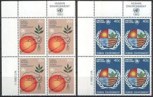 UNO NEW YORK 1982 Mi-Nr. 394/95 Eckrand-Viererblocks ** MNH