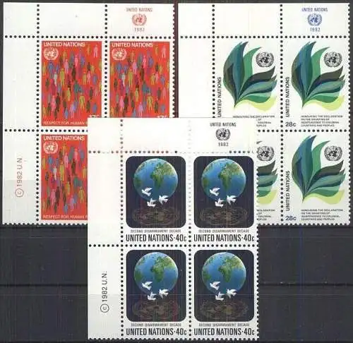 UNO NEW YORK 1982 Mi-Nr. 391/93 Eckrand-Viererblocks ** MNH