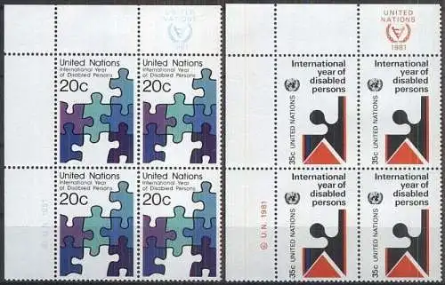 UNO NEW YORK 1981 Mi-Nr. 367/68 Eckrand-Viererblocks ** MNH