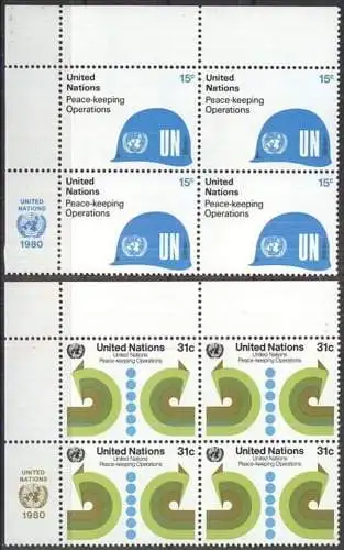 UNO NEW YORK 1980 Mi-Nr. 344/45 Eckrand-Viererblocks ** MNH