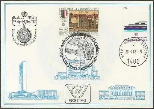 UNO WIEN 1983 Mi-Nr. 28 WEISSE KARTE - OVILAVA WELS MISCHFRANKATUR  28.04.1983
