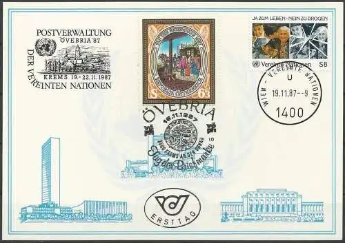UNO WIEN 1987 Mi-Nr. 71 WEISSE KARTE - ÖVEBRIA KREMS MISCHFRANKATUR 19.11.1987