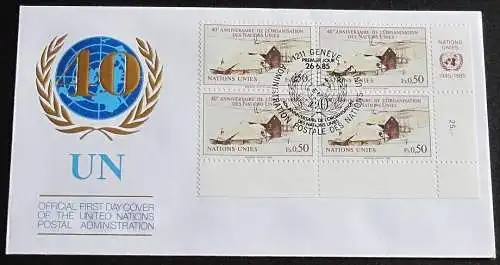 UNO GENF 1985 Mi-Nr. 133 A Viererblock FDC