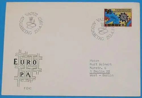 LIECHTENSTEIN 1967 Mi-Nr. 474 FDC - CEPT