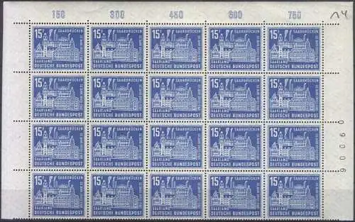 SAARLAND 1959 Mi-Nr. 446 20er Bogenecke mit Bogennummer ** MNH
