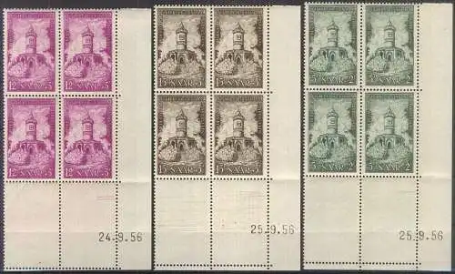 SAARLAND 1956 Mi-Nr. 373/75 Eckrandviererblock mit Druckdatum Rand geknickt ** MNH