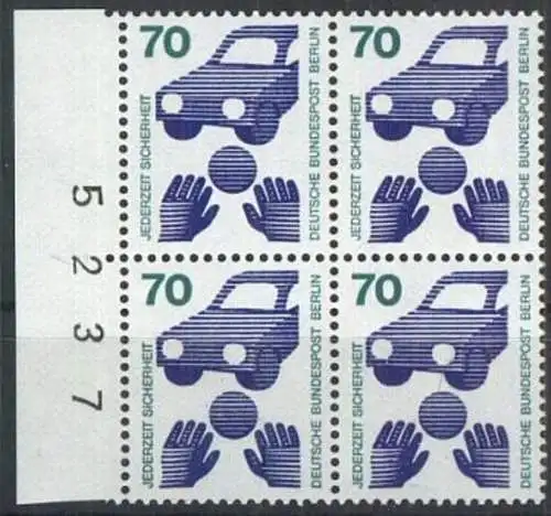 BERLIN 1973 Mi-Nr. 453 Viererblock vom Rand mit Bogennummer ** MNH