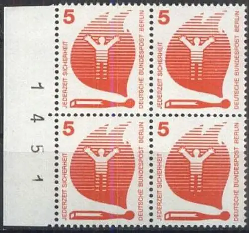 BERLIN 1971 Mi-Nr. 402 Viererblock vom Rand mit Bogennummer ** MNH