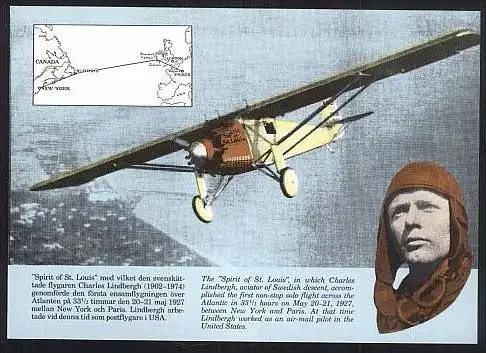 SCHWEDEN POSTKARTE CHARLES LINDBERGH ""SPIRIT OF ST. LOUIS""