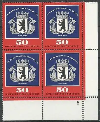 BERLIN 1976 Mi-Nr. 523 Eckrand-Viererblock mit Formnummer ** MNH