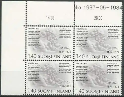 FINNLAND 1984 Mi-Nr. 951 Eckrand-Viererblock ** MNH