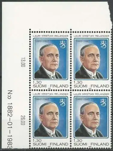 FINNLAND 1983 Mi-Nr. 928 Eckrand-Viererblock ** MNH