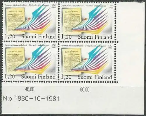 FINNLAND 1982 Mi-Nr. 892 Eckrand-Viererblock ** MNH