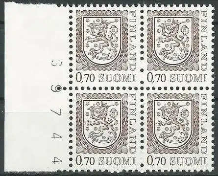 FINNLAND 1975 Mi-Nr. 762 Randviererblock mit Bogennummer ** MNH