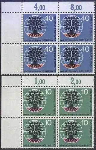 DEUTSCHLAND 1960 Mi-Nr. 326/27 Eckrand-Viererblocks ** MNH