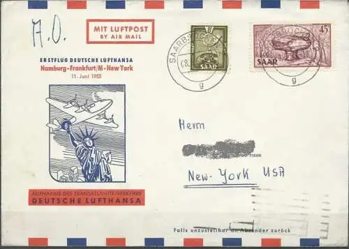 SAARLAND 1955 ERSTFLUG LUFTHANSA HAMBURG - FRANKFURT - NEW YORK