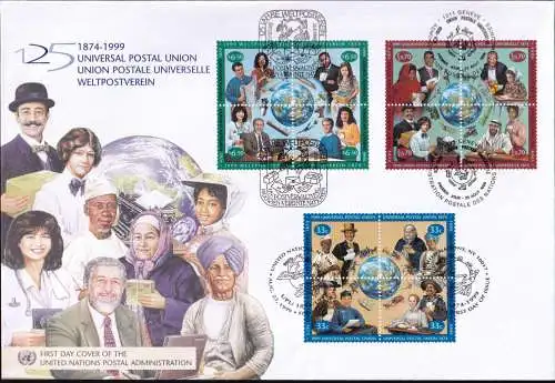 UNO NEW YORK - WIEN - GENF 1999 TRIO-FDC 125 Jahre Weltpostverein