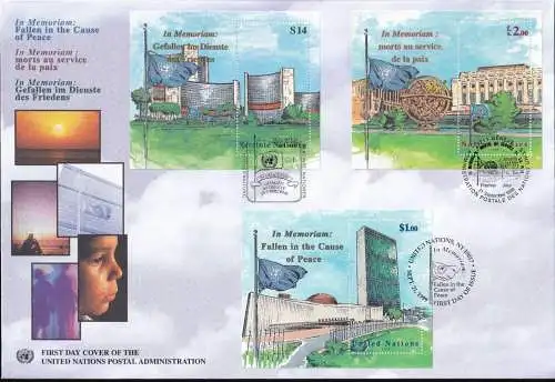 UNO NEW YORK - WIEN - GENF 1999 TRIO-FDC Gefallen im Dienste des Friedens