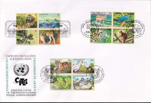UNO NEW YORK - WIEN - GENF 1999 TRIO-FDC Gefährdete Arten