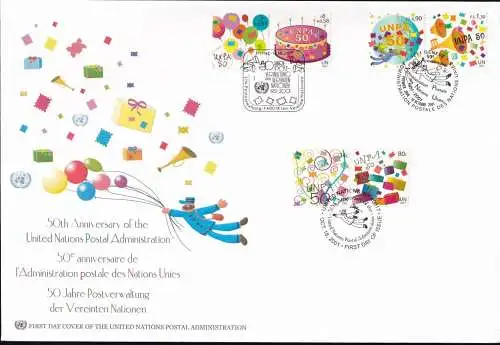 UNO NEW YORK - WIEN - GENF 2001 TRIO-FDC 50 Jahre Postverwaltung der UN