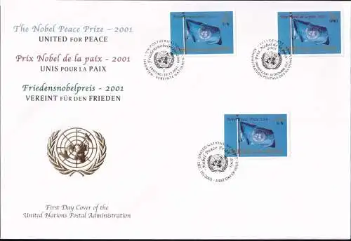 UNO NEW YORK - WIEN - GENF 2001 TRIO-FDC Friednsnobelpreis 2001