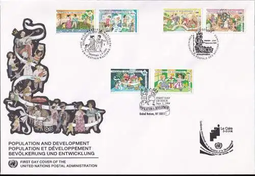 UNO NEW YORK - WIEN - GENF 1994 TRIO-FDC Bevölkerung und Entwicklung