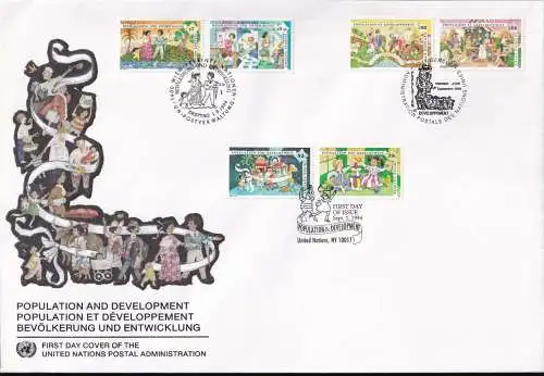 UNO NEW YORK - WIEN - GENF 1994 TRIO-FDC Bevölkerung und Entwicklung