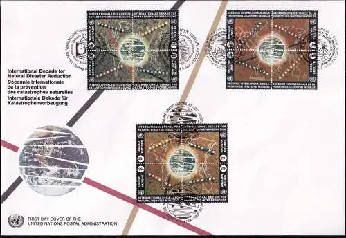 UNO NEW YORK - WIEN - GENF 1994 TRIO-FDC Katastrophenvorbeugung